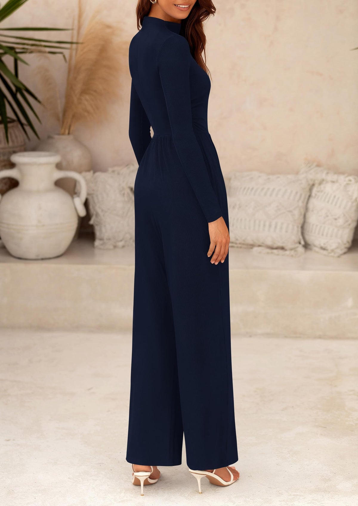 Casual Long Sleeve Mock Neck Wide Leg Jumpsuits