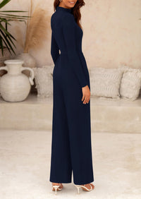 Casual Long Sleeve Mock Neck Wide Leg Jumpsuits