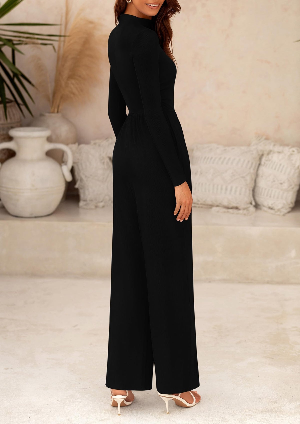Casual Long Sleeve Mock Neck Wide Leg Jumpsuits