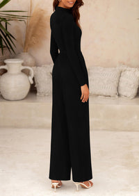 Casual Long Sleeve Mock Neck Wide Leg Jumpsuits
