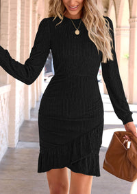 Ruched Bodycon Long Puff Sleeve Ruffle Fitted Mini Dress