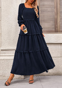 Long Sleeve Smocked Casual Square Neck Swiss Dot Tiered Ruffle Maxi Dresses