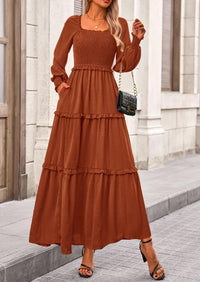 Long Sleeve Smocked Casual Square Neck Swiss Dot Tiered Ruffle Maxi Dresses