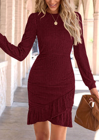 Ruched Bodycon Long Puff Sleeve Ruffle Fitted Mini Dress