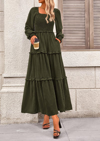 Long Sleeve Smocked Casual Square Neck Swiss Dot Tiered Ruffle Maxi Dresses