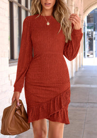 Ruched Bodycon Long Puff Sleeve Ruffle Fitted Mini Dress
