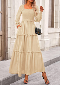 Long Sleeve Smocked Casual Square Neck Swiss Dot Tiered Ruffle Maxi Dresses