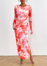 Floral Print Long Sleeve Tight Fitted Ruched Bodycon Maxi Dresses