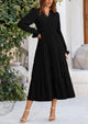 Long Sleeve V Neck Tiered Ruffle Flowy A Line Maxi Dresses