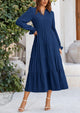 Long Sleeve V Neck Tiered Ruffle Flowy A Line Maxi Dresses