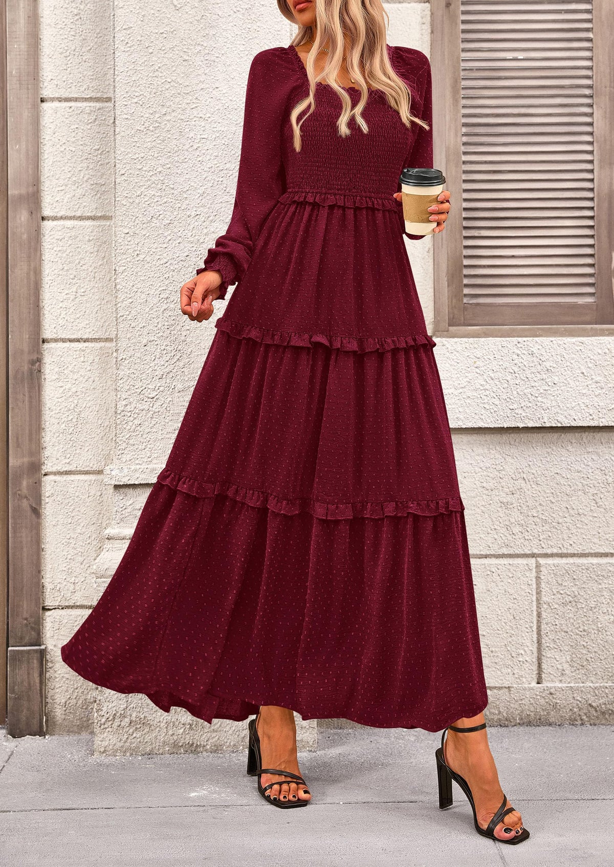 Long Sleeve Smocked Casual Square Neck Swiss Dot Tiered Ruffle Maxi Dresses