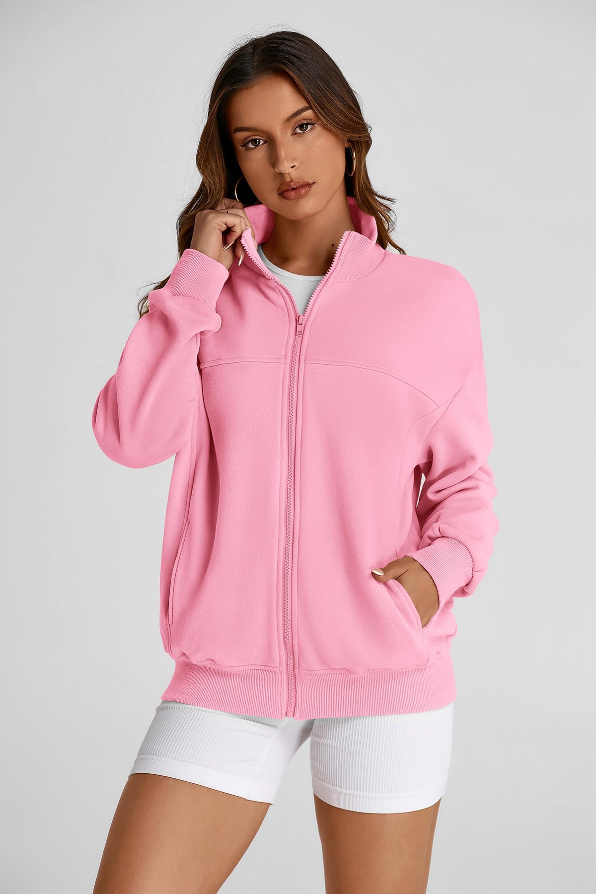Full Zip Up Long Sleeve Loose Fit Trendy Casual Cardigan with Pockets
