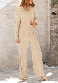 Casual Textured Button Down Shirt Wide Leg Pants Loungewear 2 Piece Sets