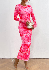 Floral Print Long Sleeve Tight Fitted Ruched Bodycon Maxi Dresses
