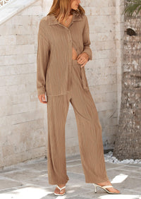 Casual Textured Button Down Shirt Wide Leg Pants Loungewear 2 Piece Sets