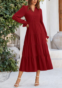 Long Sleeve V Neck Tiered Ruffle Flowy A Line Maxi Dresses