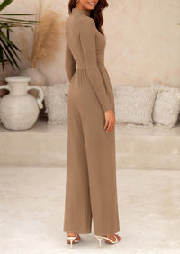Casual Long Sleeve Mock Neck Wide Leg Jumpsuits