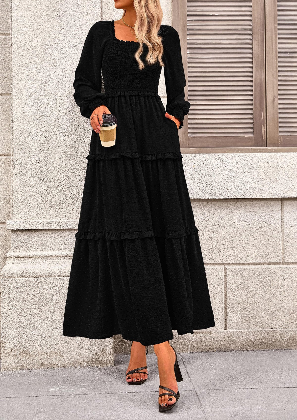 Long Sleeve Smocked Casual Square Neck Swiss Dot Tiered Ruffle Maxi Dresses