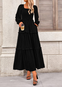 Long Sleeve Smocked Casual Square Neck Swiss Dot Tiered Ruffle Maxi Dresses