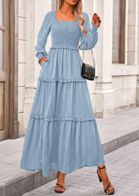 Long Sleeve Smocked Casual Square Neck Swiss Dot Tiered Ruffle Maxi Dresses