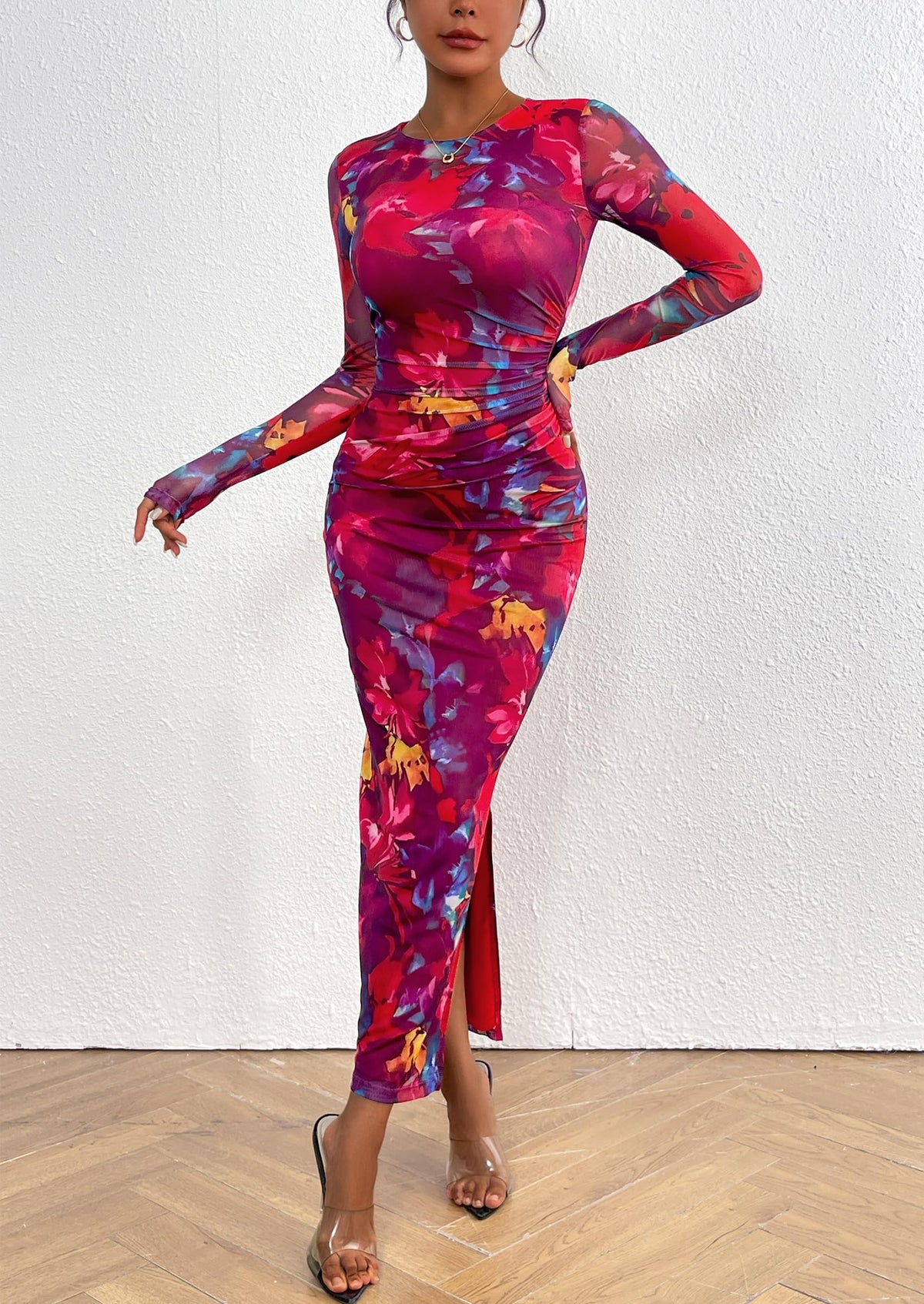 Floral Print Long Sleeve Tight Fitted Ruched Bodycon Maxi Dresses