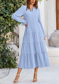 Long Sleeve V Neck Tiered Ruffle Flowy A Line Maxi Dresses