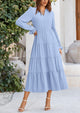Long Sleeve V Neck Tiered Ruffle Flowy A Line Maxi Dresses