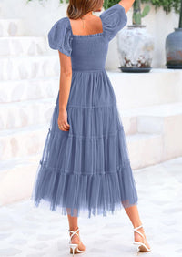 Smocked Tulle Puffy Short Sleeve Square Neck Ruffle Midi Dresses