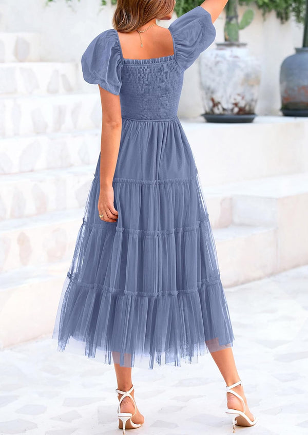 Smocked Tulle Puffy Short Sleeve Square Neck Ruffle Midi Dresses