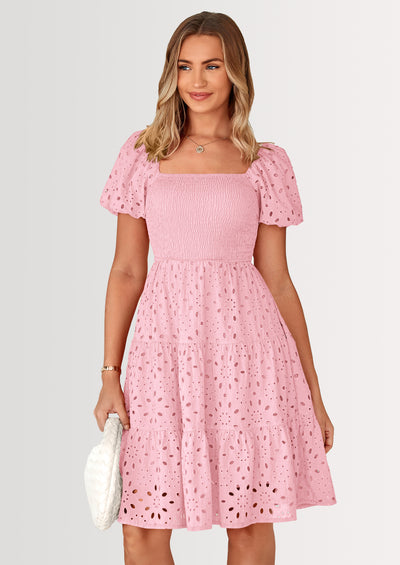 PRETTYGARDEN Womens Summer Puff Sleeve Mini Dress Off Shoulder Eyelet Smocked A Line Casual Babydoll Short Dresses