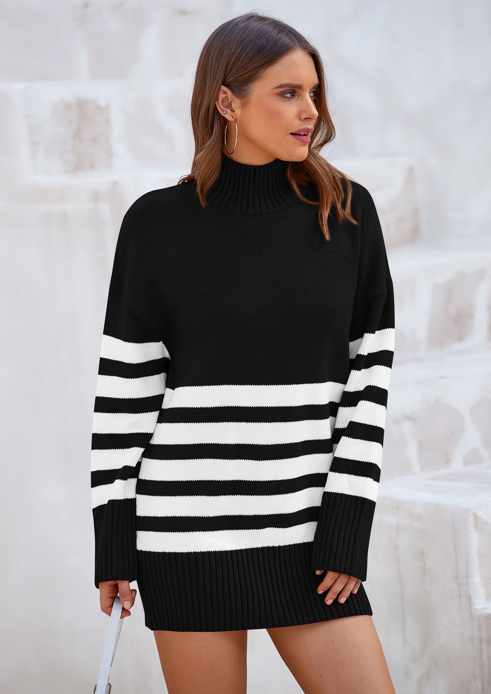 PRETTYGARDEN Women's Oversized Striped Sweaters Fall Casual Long Sleeve Turtleneck Pullover Chunky Knit Jumper Tops