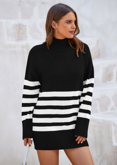PRETTYGARDEN Women's Oversized Striped Sweaters Fall Casual Long Sleeve Turtleneck Pullover Chunky Knit Jumper Tops
