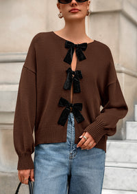 PRETTYGARDEN Cardigan Sweaters for Women Fall Bow Tie Front Long Sleeve Knit Sweater Tops Cute Going Out Outfits
