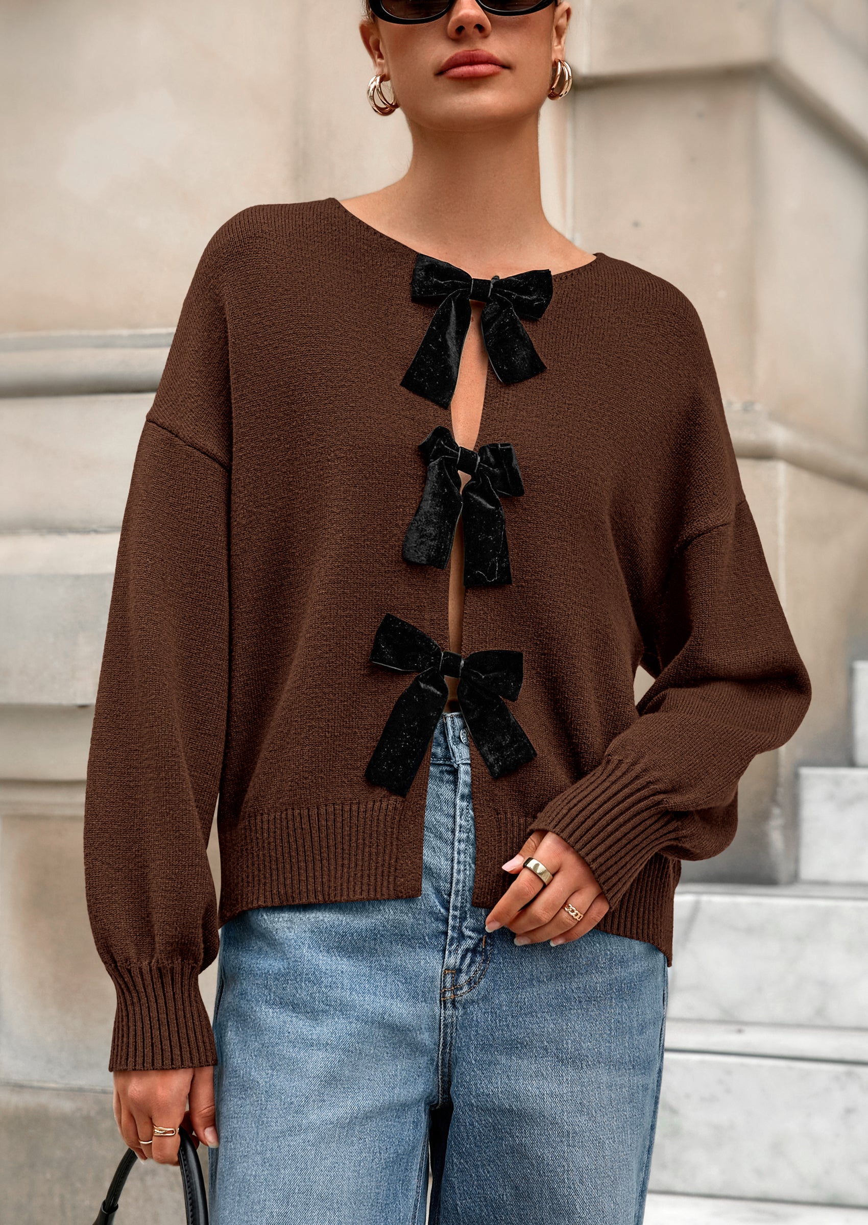 PRETTYGARDEN Cardigan Sweaters for Women Fall Bow Tie Front Long Sleeve Knit Sweater Tops Cute Going Out Outfits
