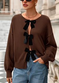 PRETTYGARDEN Cardigan Sweaters for Women Fall Bow Tie Front Long Sleeve Knit Sweater Tops Cute Going Out Outfits