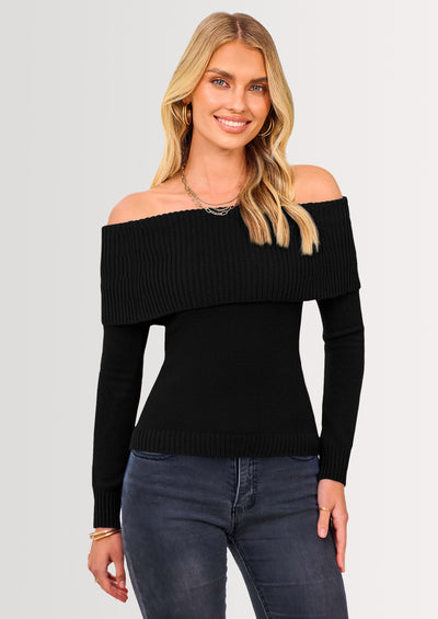 PRETTYGARDEN Women's Fall Off Shoulder Sweaters Y2K Long Sleeve Ribbed Knit Fitted Pullover Winter Date Night Tops Blouse