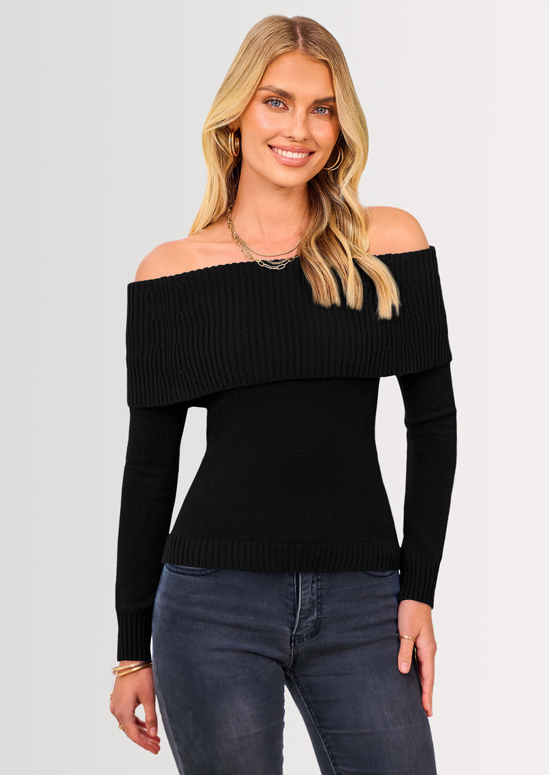 PRETTYGARDEN Women's Fall Off Shoulder Sweaters Y2K Long Sleeve Ribbed Knit Fitted Pullover Winter Date Night Tops Blouse