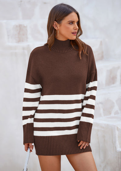 PRETTYGARDEN Women's Oversized Striped Sweaters Fall Casual Long Sleeve Turtleneck Pullover Chunky Knit Jumper Tops