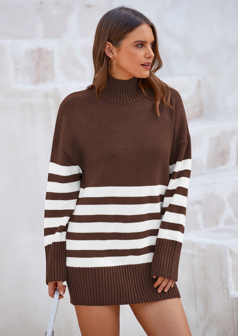 PRETTYGARDEN Women's Oversized Striped Sweaters Fall Casual Long Sleeve Turtleneck Pullover Chunky Knit Jumper Tops