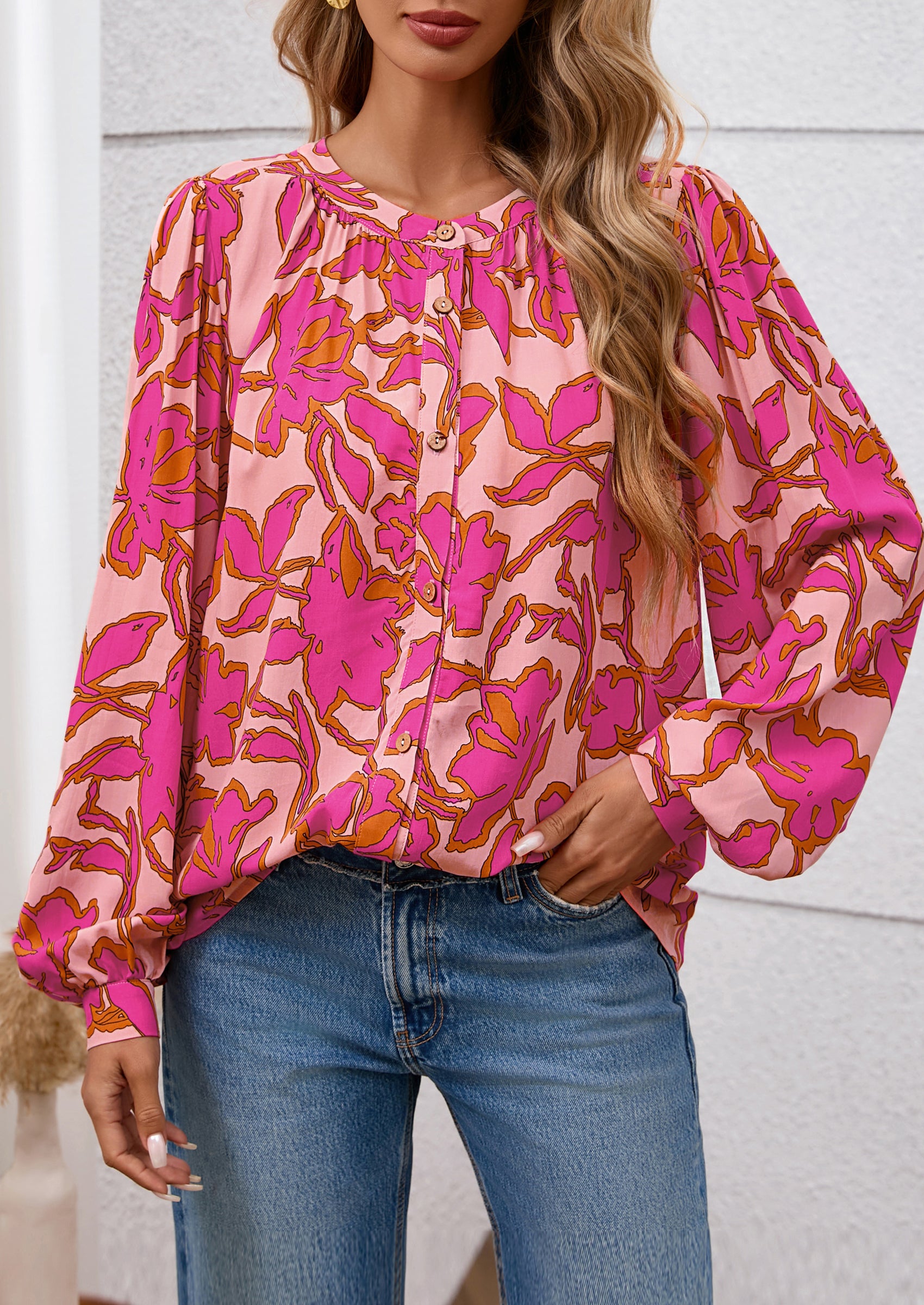 PRETTYGARDEN Women's Floral Button Down Blouse Fall Fashion Dressy Casual Long Sleeve Oversized Shirts Top Boho Clothes