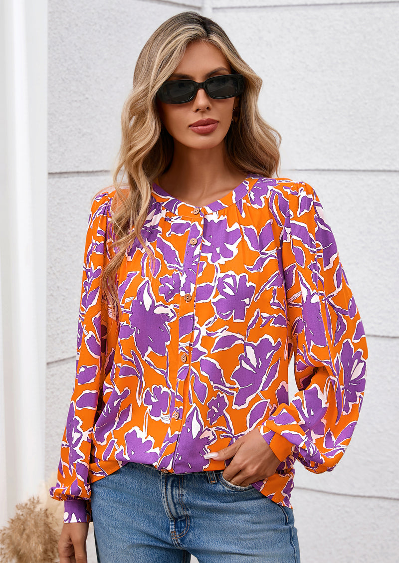PRETTYGARDEN Women's Floral Button Down Blouse Fall Fashion Dressy Casual Long Sleeve Oversized Shirts Top Boho Clothes