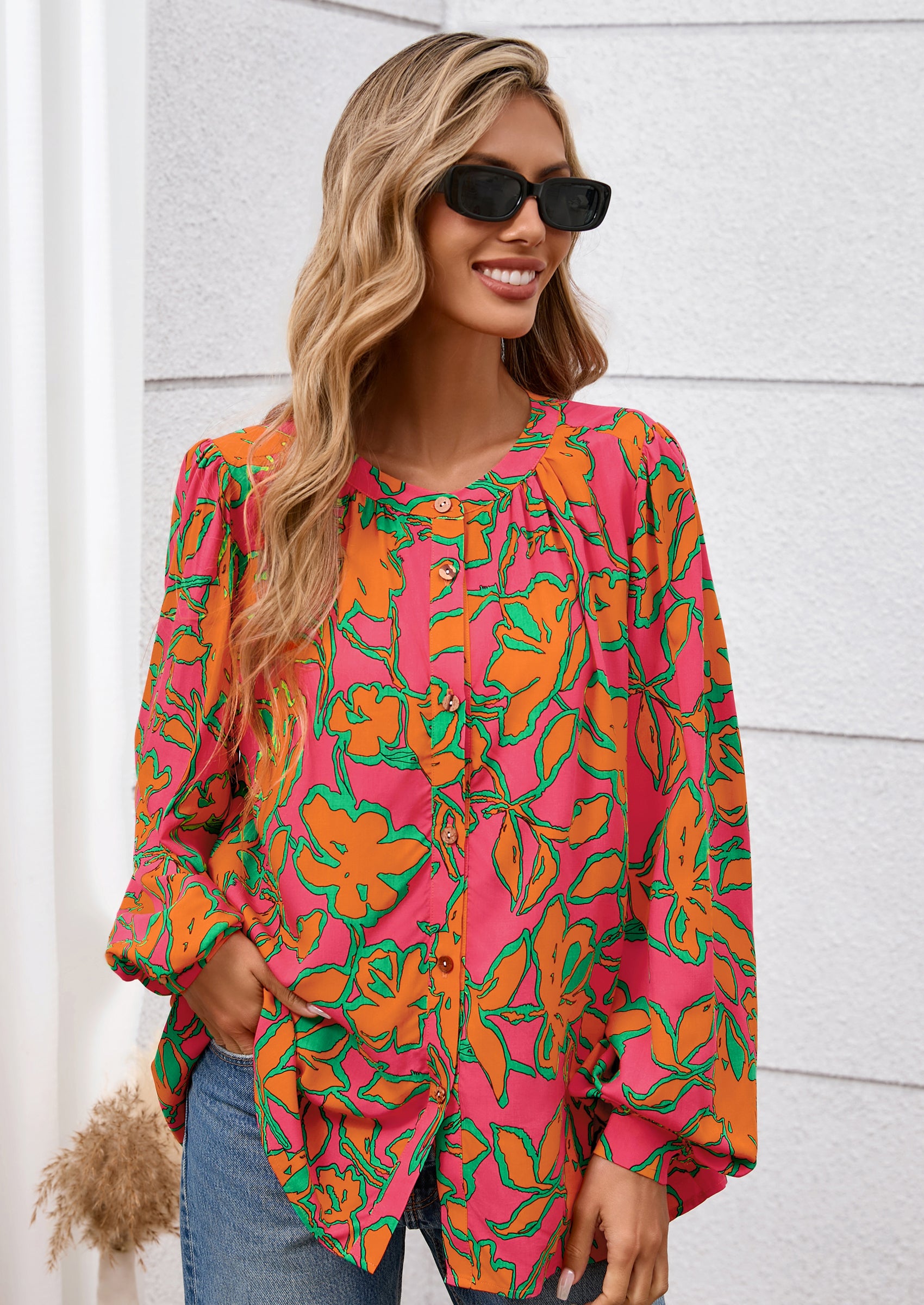PRETTYGARDEN Women's Floral Button Down Blouse Fall Fashion Dressy Casual Long Sleeve Oversized Shirts Top Boho Clothes