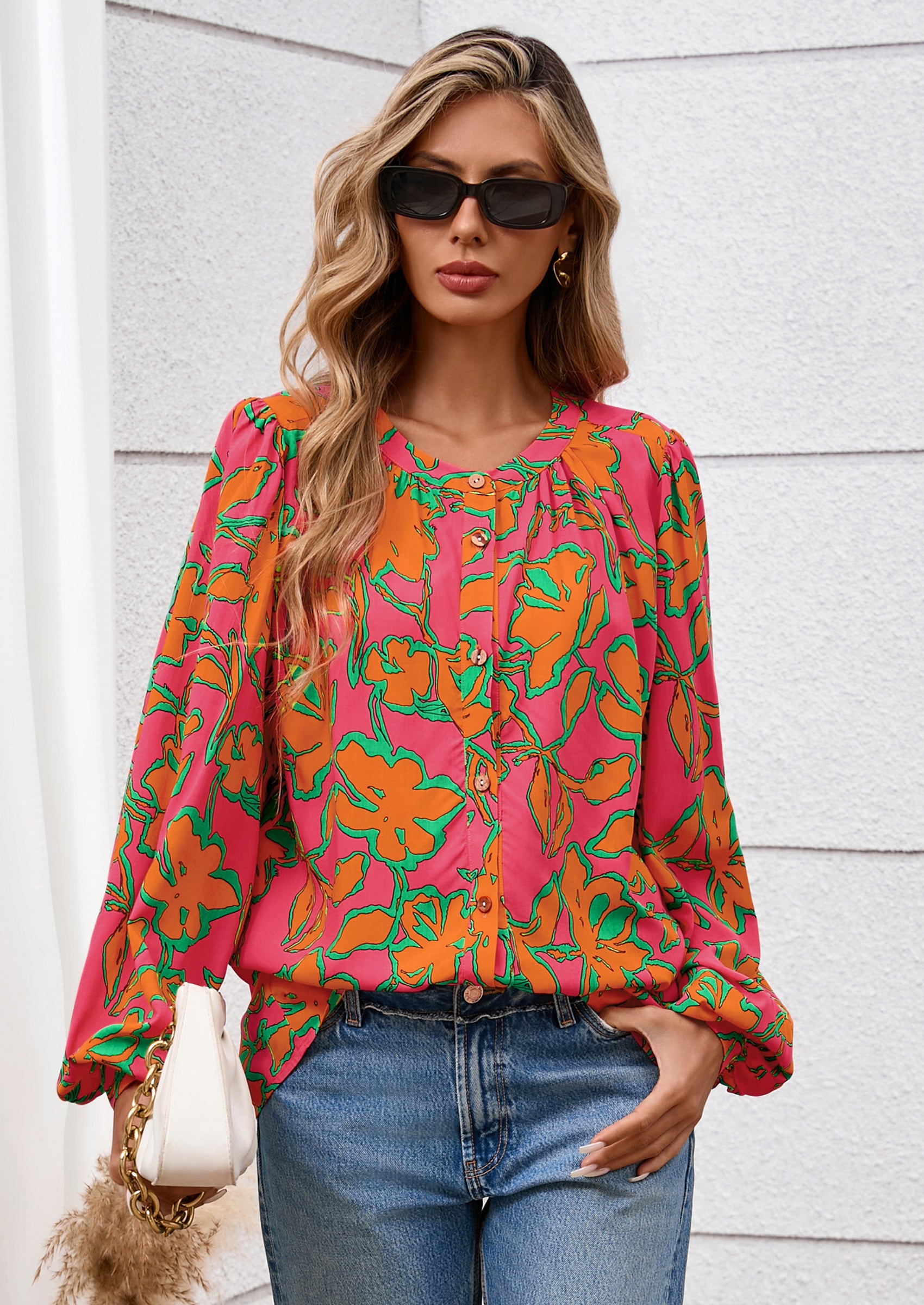 PRETTYGARDEN Women's Floral Button Down Blouse Fall Fashion Dressy Casual Long Sleeve Oversized Shirts Top Boho Clothes