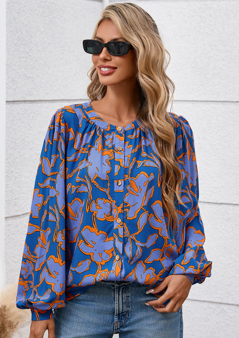PRETTYGARDEN Women's Floral Button Down Blouse Fall Fashion Dressy Casual Long Sleeve Oversized Shirts Top Boho Clothes