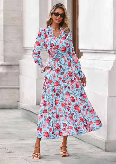 PRETTYGARDEN Women's Floral Maxi Dress Spring Long Sleeve V Neck Casual A Line Long Flowy Boho Party Dresses