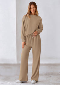 PRETTYGARDEN 2 Piece Long Sleeve Pullover Tops and Wide Leg Pants Knitted Lounge Sets