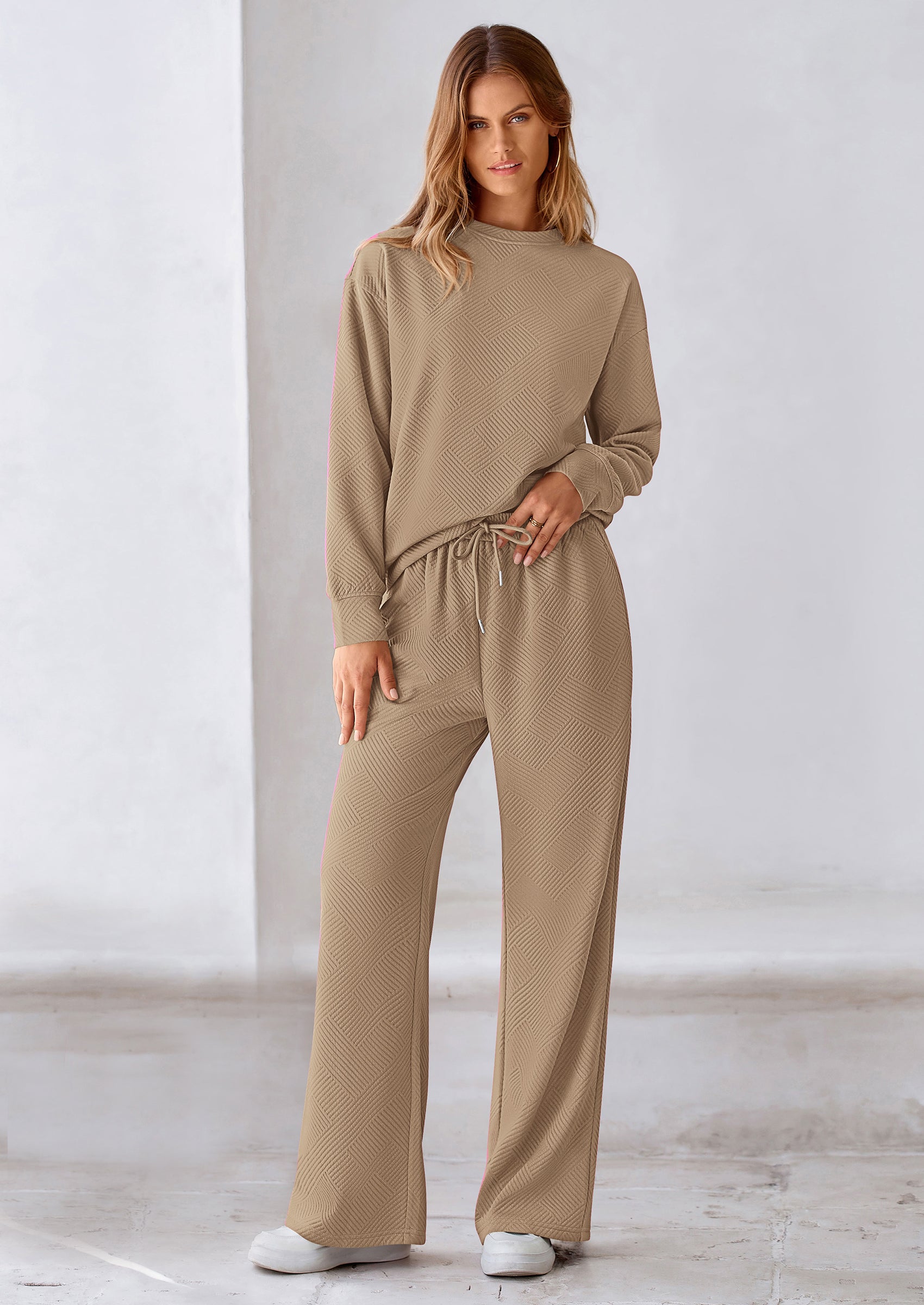 PRETTYGARDEN 2 Piece Long Sleeve Pullover Tops and Wide Leg Pants Knitted Lounge Sets