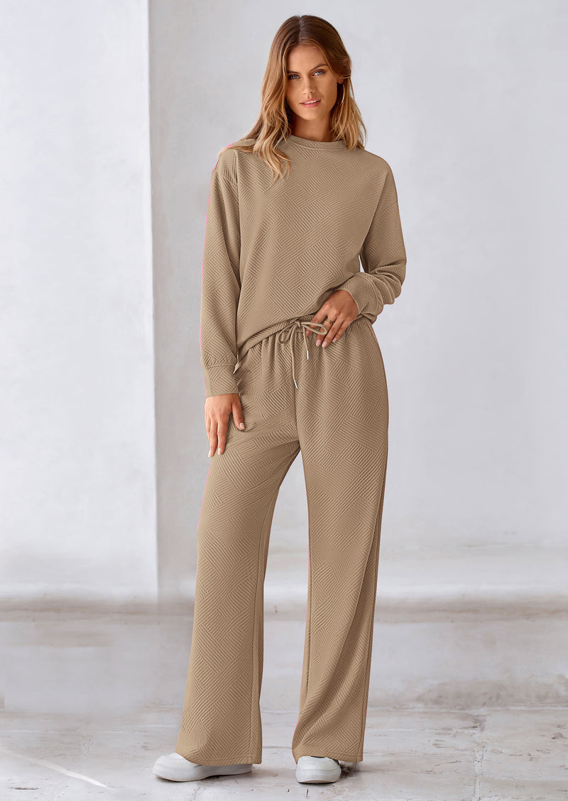PRETTYGARDEN 2 Piece Long Sleeve Pullover Tops and Wide Leg Pants Knitted Lounge Sets