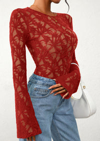 PRETTYGARDEN Womens Lace Long Bell Sleeve Tops Fall Sexy See Through Sheer Floral Blouse Shirt Fitted Going Out Outfits