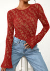 PRETTYGARDEN Womens Lace Long Bell Sleeve Tops Fall Sexy See Through Sheer Floral Blouse Shirt Fitted Going Out Outfits
